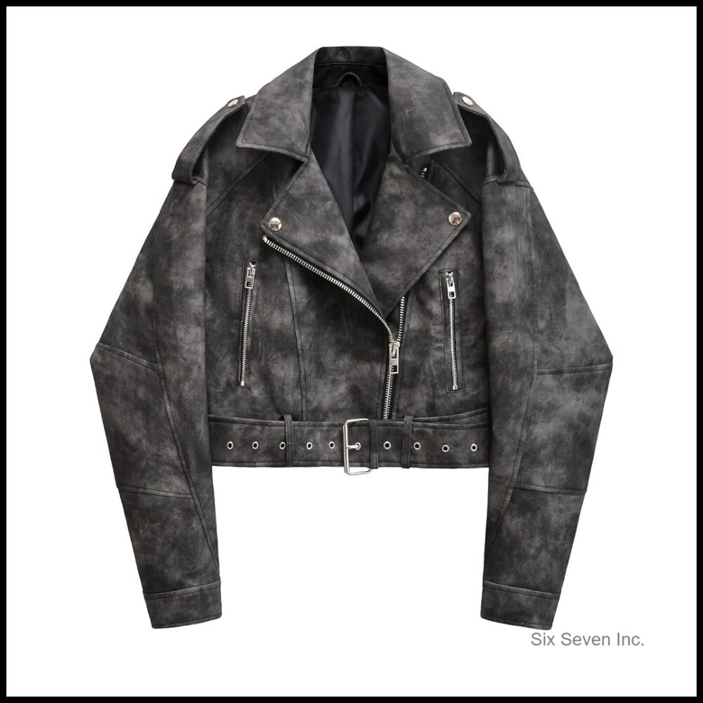 Faux Leather Cropped Biker Jacket With Removable Belt, Zipper Pockets